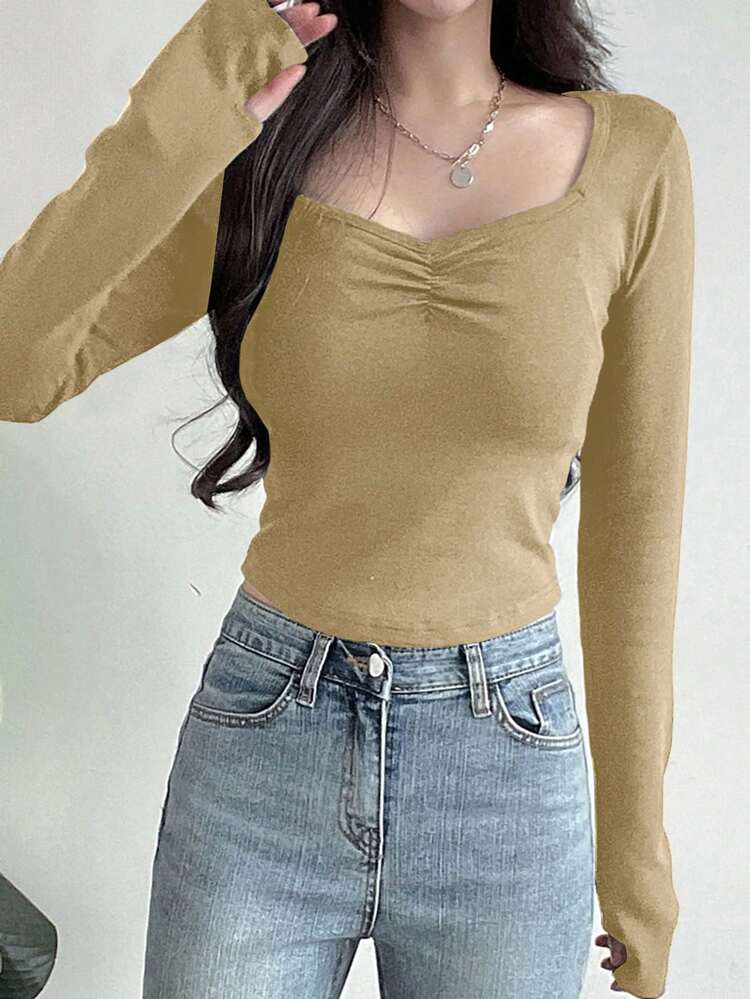 Ladies' Plain Sweetheart Collar Long Sleeve Simple T-Shirt, Casual Everyday Wear,Fall Clothes Preppy Tops