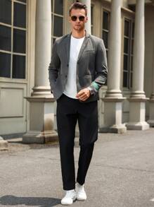 Manfinity Bizformal 男式纯色纽扣口袋长袖西装外套 - 灰色 - 查看 3