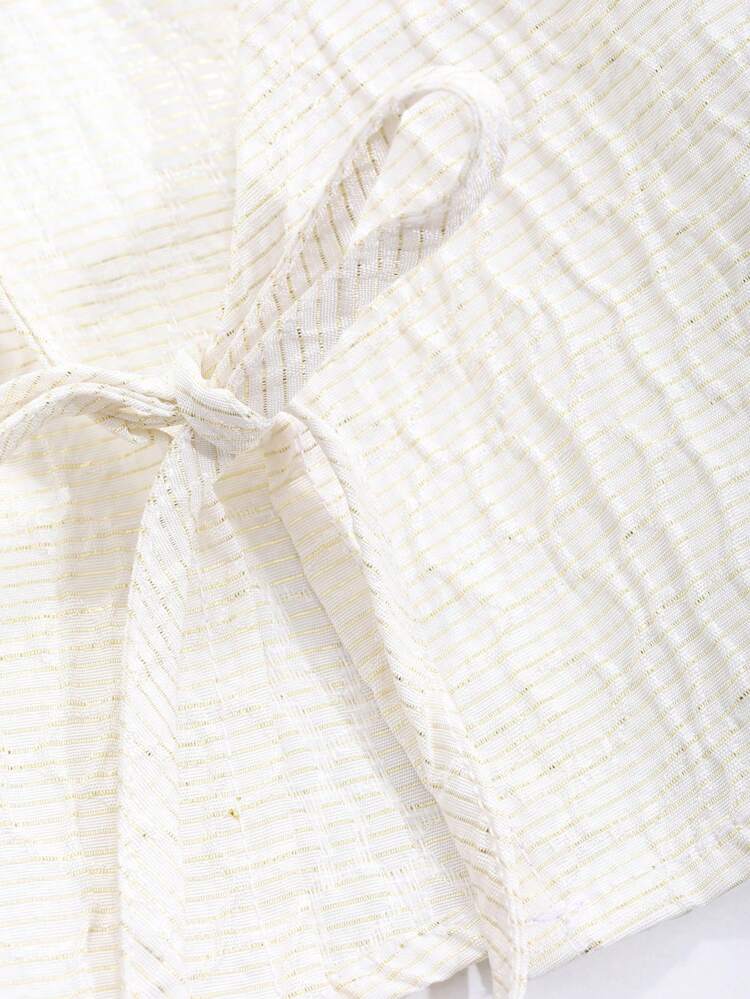 Women's V-Neck Puff Sleeve Tie-Front Blouse