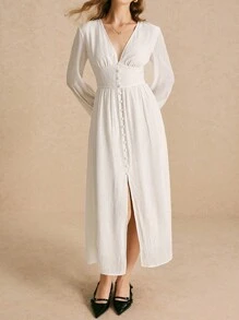 Poéselle 女式白色长袖超长连衣裙 V 领前纽扣收腰下摆开叉度假超长连衣裙、轻盈连衣裙、乡村风格连衣裙、布里奇顿风格连衣裙、优雅连衣裙、仙女服装连衣裙、白色飘逸连衣裙、中长女式连衣裙、长款秋季连衣裙、法式 - 白色 - 查看 4