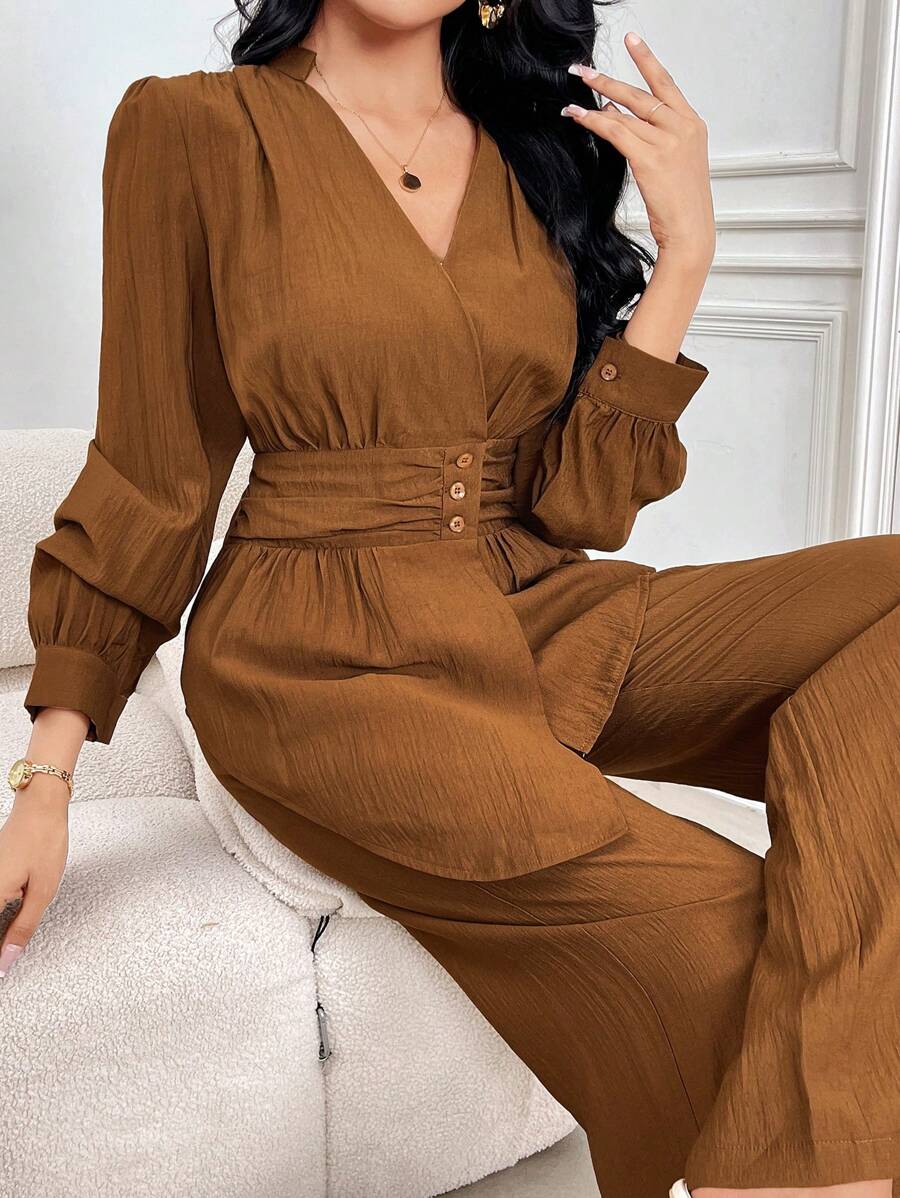 Modelyn 2pcs Women's Solid Color Button Front Blouse & Pants Casual Set 2 Pieces Set