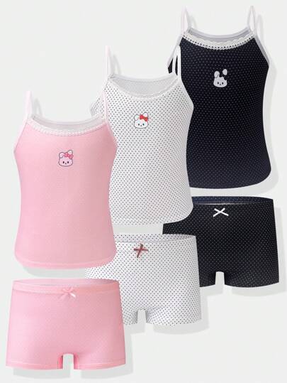 3 件套年轻女孩简约波尔卡圆点兔子图案吊带背心和三角裤内衣套装