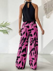 Breezaya 2 件套女士度假休闲纯色吊带上衣和植物印花裤套装 - 玫紅色 - 查看 2