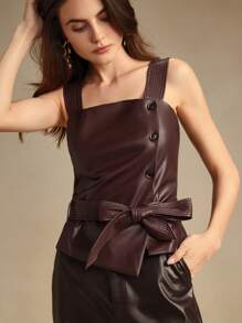 Anewsta 酒红色都市时尚 PU 皮革系带短款背心，秋冬