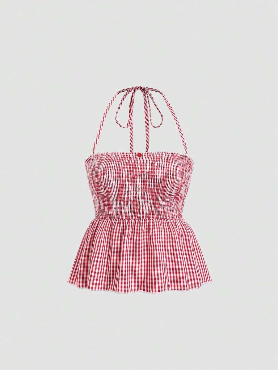 Sweetra Áo hai dây cổ yếm kẻ caro dáng casual dành cho nữ, phong cách mùa hè Y2K - Nhiều màu - Xem 1