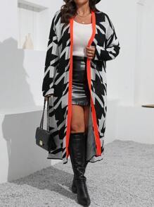 SHEIN LUNE Plus Size Feminino Contraste Cor Impresso Casual Manga Longa Cardigan, Para Inverno
