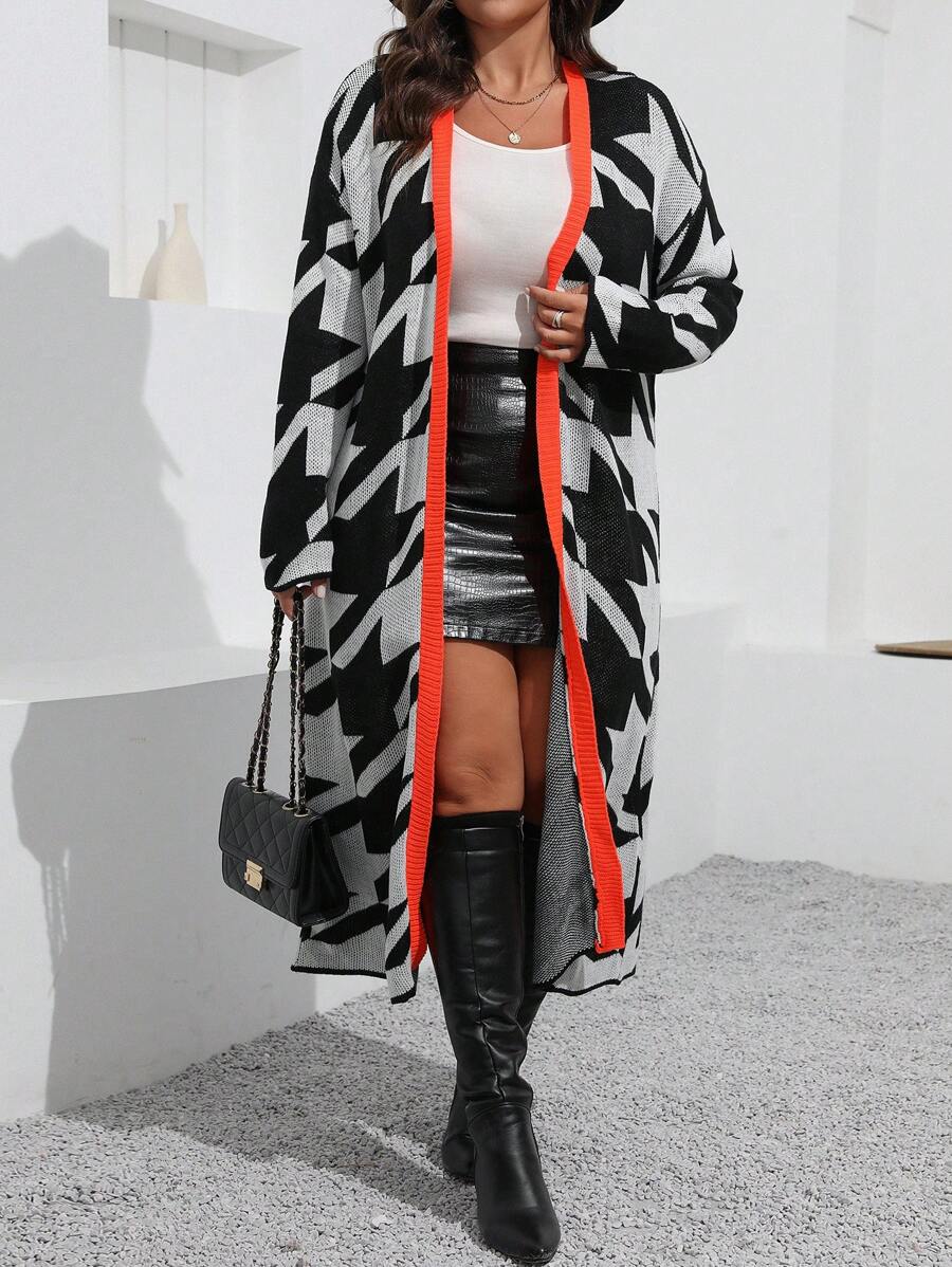 SHEIN LUNE Plus Size Feminino Contraste Cor Impresso Casual Manga Longa Cardigan, Para Inverno