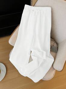 SHEIN LUNE 大码休闲纯色抽绳腰阔腿裤 - 白色 - 查看 5