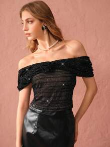 Enchnt Autumn Romantic Women's Slim Fit Off-Shoulder Black Rose Sparkle Diamond Top,For Halloween & Christmas Party