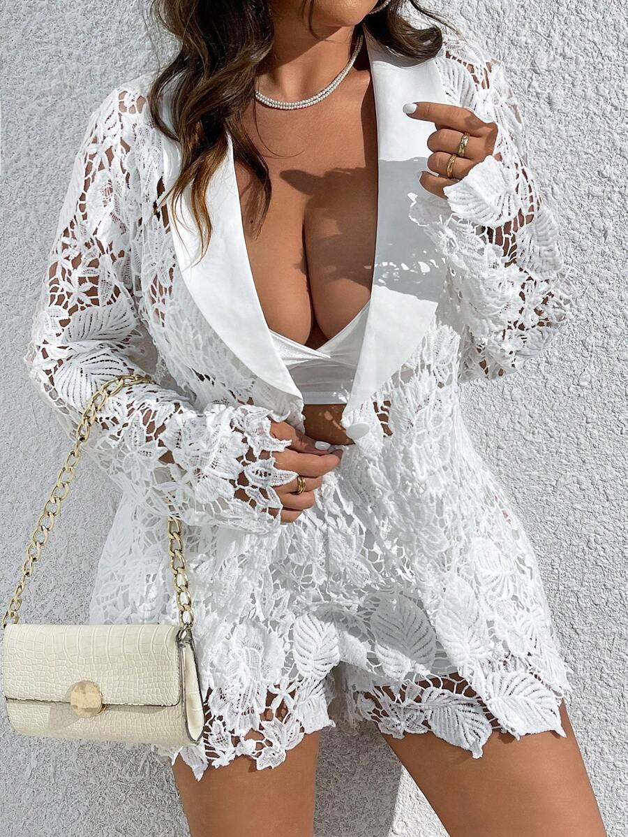 SHEIN LUNE 2 件大码女式蕾丝镂空西装外套开衫套装，优雅设计