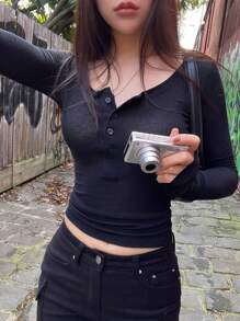 DAZY 女式纯色前扣长袖简约 T 恤，休闲黑色衣服 - 黑色 - 查看 1