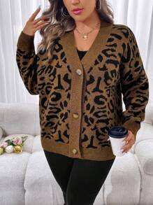Calvaya Áo khoác cardigan dáng rộng tay dài hở vai họa tiết da báo cỡ lớn cho nữ, mùa đông - màu nâu - Xem 4