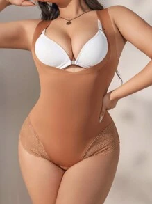 Plus Size Women Jumpsuit With Waist And Stomach Control, Lace Trim Crotch Closure, Sexy Design - Khaki - View 6