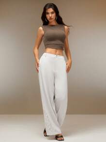 SHEIN Unity Pantalon décontracté à boutons devant unicolore pour femmes, porter tous les jours - Blanc - Voir 1