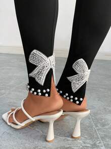 SHEIN Privé Quần dài thường ngày chắp vá đơn giản màu trơn cho nữ - màu đen - Xem 2