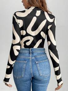 SHEIN Privé Women Geometric Pattern Long Sleeve Bodysuit - Multicolor - View 2