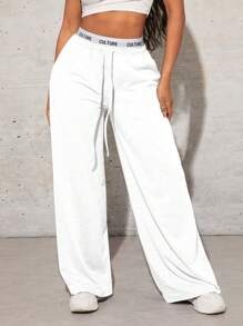 SHEIN SXY Quần nỉ thể thao rút dây đơn giản hàng ngày màu trơn dành cho nữ - trắng - Xem 5