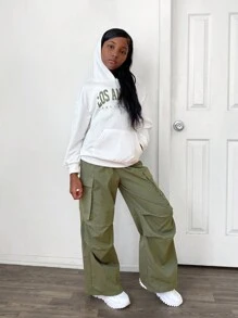 SHEIN 2 pièces Ensemble de Sweat-shirt à capuche décontracté et pantalon côtelé avec poches pour filles pré-adolescentes