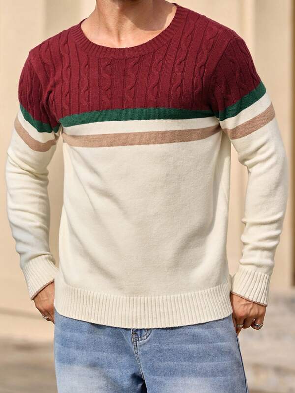 Manfinity VCAY Men's Fitted Knit Casual Crew Neck Sweater, Suitable For Christmas