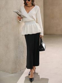 SHEIN Privé Vintage French V-Neck Faux Pearl Beaded Fitted Waist Sweater For Women, Knit Pullover Fall Winter - White - View 5