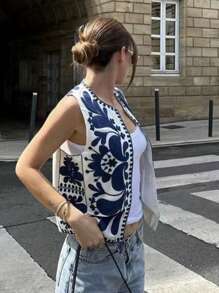 INAWLY Women Floral Print Sleeveless Casual Jacket - Multicolor - View 3