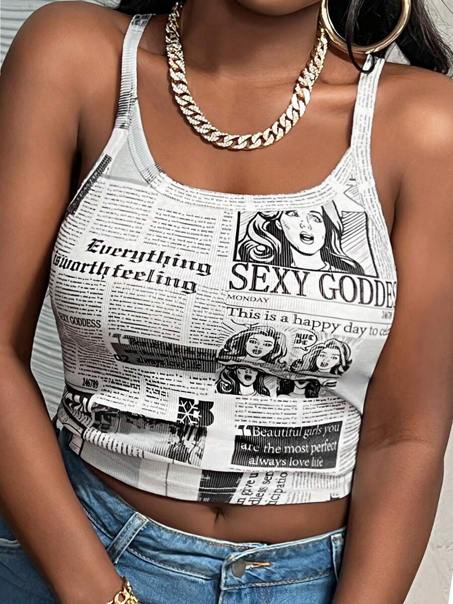 Slaydiva New Summer Style Casual Street Sling With Pleated U-Neck Truncated Full-Width Newspaper For Women On Both Sides With English Letter Print Slim-Fit Women's Tank Top - Multicolor - View 1