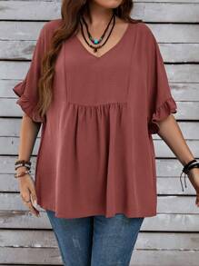 EMERY ROSE Plus Size Women's Vacation Casual Plain Mom Shirts With Ruffled Sleeves For Summer
