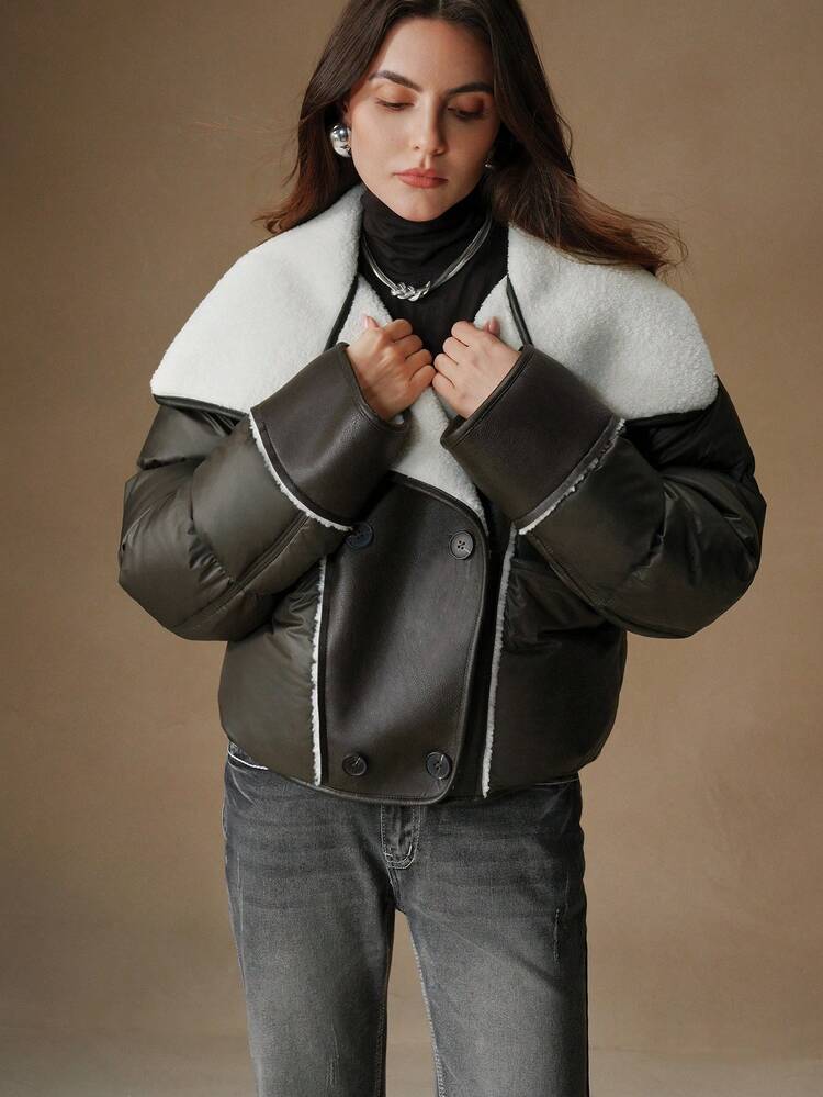 Thick Short Loose Faux Leather Panel Collar Jacket For Women