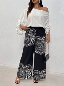 SHEIN Privé Plus Size Summer Casual/Work Commuting Chic Plain Cold Shoulder Jumpsuit For Women With Graphic Print - White - View 6