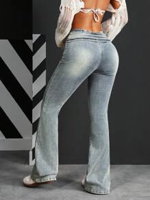 SHEIN PETITE Casual Washed Slim Flared Jeans - Blue - View 4