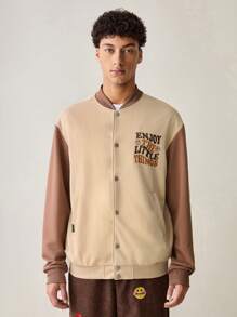 Manfinity VCAY Men's Fashionable Casual Patchwork Zip Up Long Sleeve Jacket, For Fall Winter - Khaki - View 3