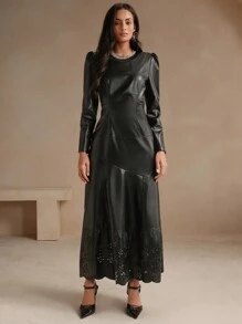 Anewsta 春秋时尚长袖复古风镂空花卉图案 PU 连衣裙 - 黑色 - 查看 5