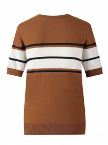 Manfinity Homme Men's Casual Contrast Color Patchwork Short Sleeve Knit Sweater, Spring & Autumn - Rust Brown - View 2