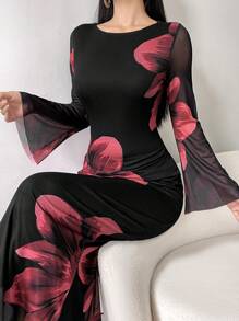 Modelyn 女士圆领长袖花卉印花优雅雪纺连衣裙长款女士装长款晚礼服 - 黑色 - 查看 3
