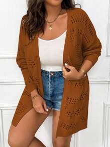Elenzga Plus Size Spring & Autumn Solid Color Hollow-Out Knit Fall Cardigan Winter - Brown - View 5