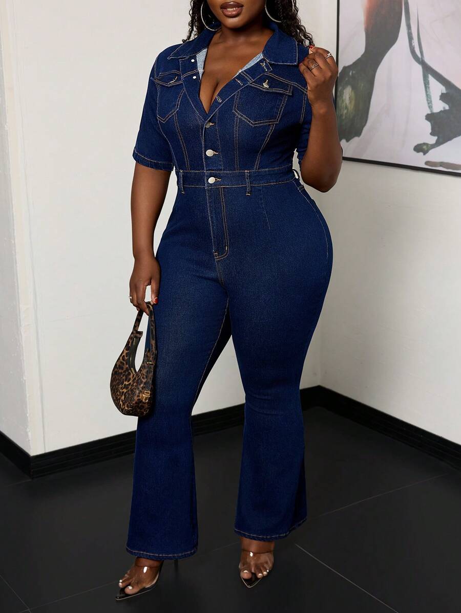 SHEIN SXY Plus Size Casual Slim Denim Jumpsuit For Summer - Dark Wash - View 1