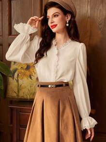 Vintamour Vintage Elegant Women's Shirt With Lace Patchwork, V-Neck, Long Flare Sleeves, Ruffle Hem And Exquisite Pearl Button, Perfect For Work Back To School Clothes Fall Clothes Women Blouses Fall Tops Fall Outfits Teacher Clothes Winter Women Vintage Clothes White Long Sleeve Shirt Button Down Shirt Long Sleeve Top Renaissance Old Money Work Clothes Christmas Clothes Winter Tops Work Women Blouses Homecoming Birthday Women Outfits Cottage Core Fall Clothes Long Sleeve Blouse