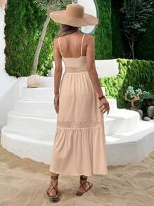 RueChic V-Neck Guipure Lace Insert Ruffle Hem Dress - Watermelon Pink - View 2