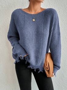 SHEIN Essnce Atasan Kasual Lengan Panjang Kerah Bulat Polos Ukuran Besar untuk Musim Gugur/Acara Warna Biru Muda - Biru - View 5