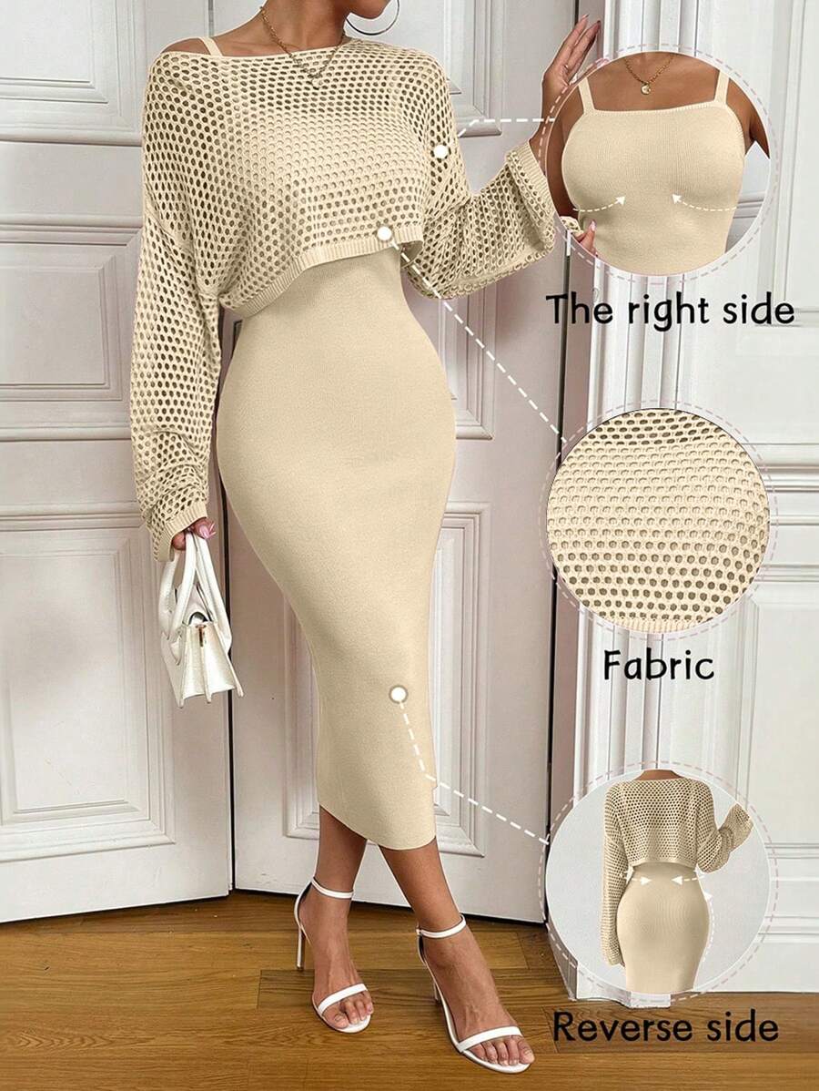 Chiquease Bộ 2 chiếc/Bộ áo len dệt kim hở vai tay dài màu trơn và váy yếm dệt kim cho nữ, trang phục thanh lịch cho mùa xuân và mùa thu - Màu be - Xem 1