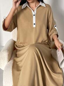 Al Najma Women's Contrast Color Polo Collar Cuffed Sleeve Casual Straight Modest Dress, Casual Sporty For Casual Daily/Work/Back To School, Maxi Length Arabian Dresses - Multicolor - View 4