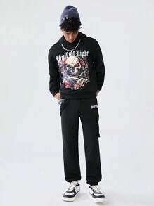 SHEIN Teen Boys Casual Skull Printed Hoodie Sweatshirt And Solid Color Sweatpants 2pcs Outfit, Suitable For Autumn And Winter - Black - View 8