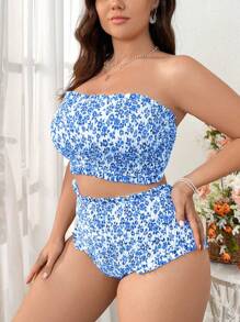 SHEIN Swim Curve Bikini Bandeau in họa tiết hoa bãi biển mùa hè cỡ lớn Bộ bikini hai mảnh - Xanh và trắng - Xem 6