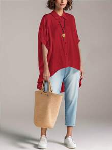 Women's Solid Front Button Batwing Sleeve Casual Loose Blouse