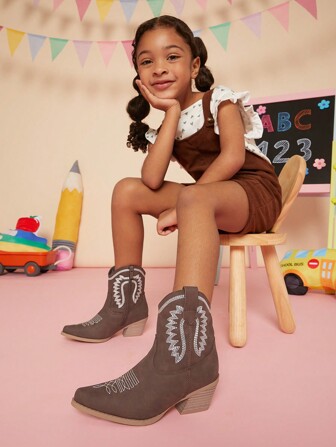 Mini mi Kids' Bestseller Brown Embroidered Western Cowgirl Boots - Knee High Cool Girl Boots, Chunky Heel, Retro Fashion For Fall/Winter