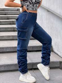 SHEIN ICON Quần jean denim rách cỡ lớn màu xanh lam, trang phục dạo phố thông thường - Rửa tối - Xem 3