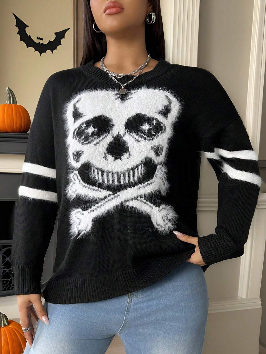 Flirla Plus Size Casual Intarsia Skull Pattern Crew Neck Long Sleeve Sweater Knit Pullover Fall Winter Outfit Autumn
