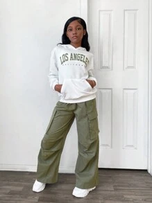 SHEIN 2 pièces Ensemble de Sweat-shirt à capuche décontracté et pantalon côtelé avec poches pour filles pré-adolescentes