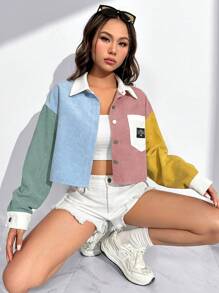 SHEIN EZwear Chaqueta corta abotonada con parche de letra y bolsillo de pana para otoño/invierno - Multicolor - Ver 7