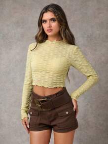 SHEIN BAE Blusa elegante de cuello redondo de manga larga con pliegues y bordados de moda para mujer